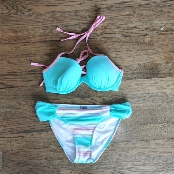 AERIE Bikini Top Bottom Pink Green Medium M New - Picture 1 of 10